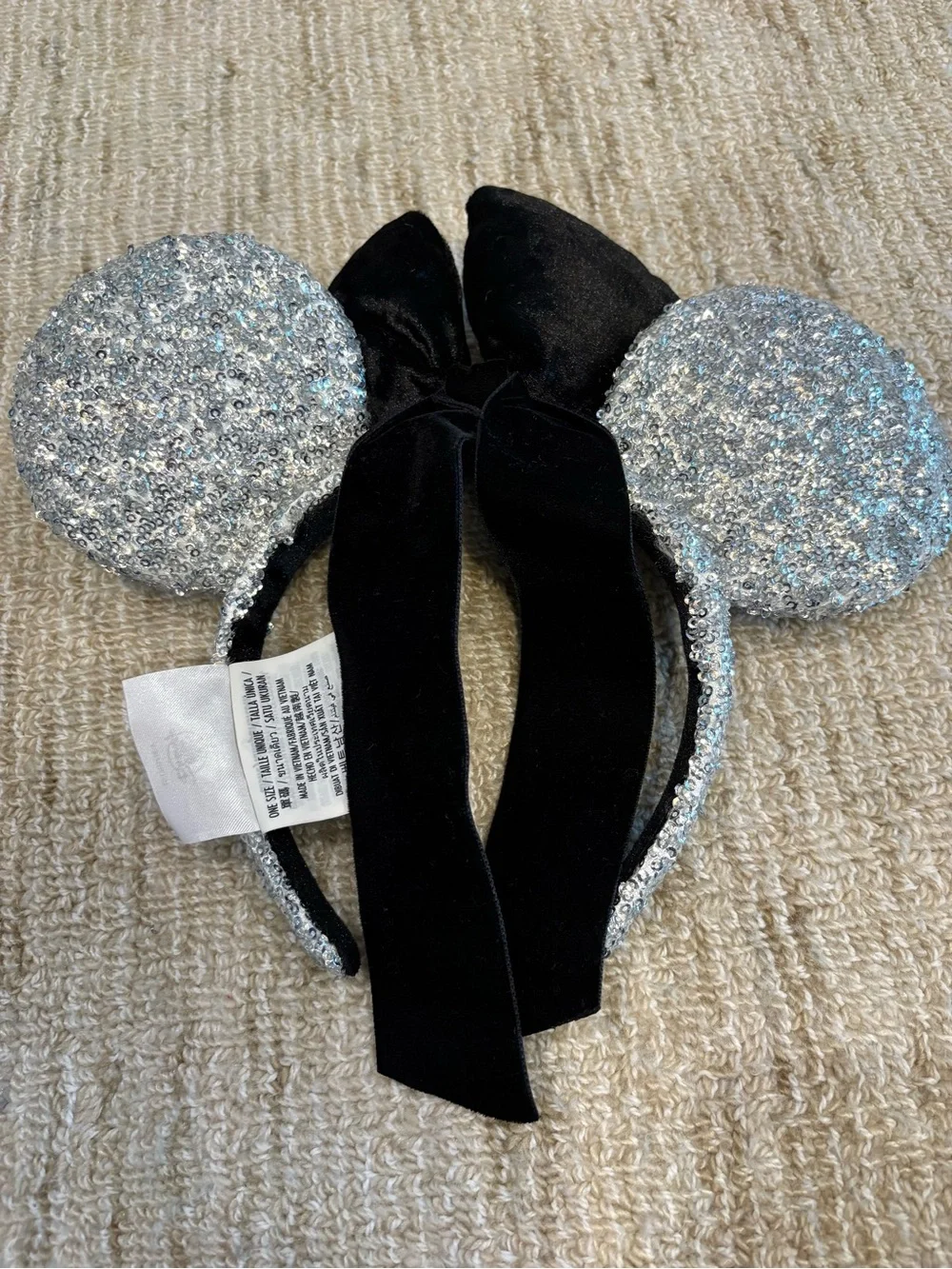 Disney Silver Sequin Minnie Ears Headband with Black Jeweled Bow